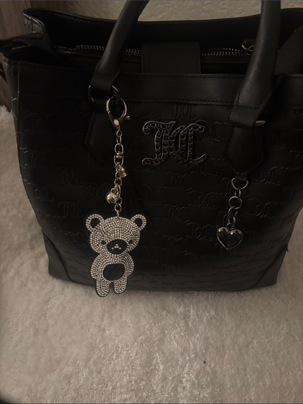 Large Juicy Couture Black Embossed Logo Tote with Charm L-11 inches W-12 in